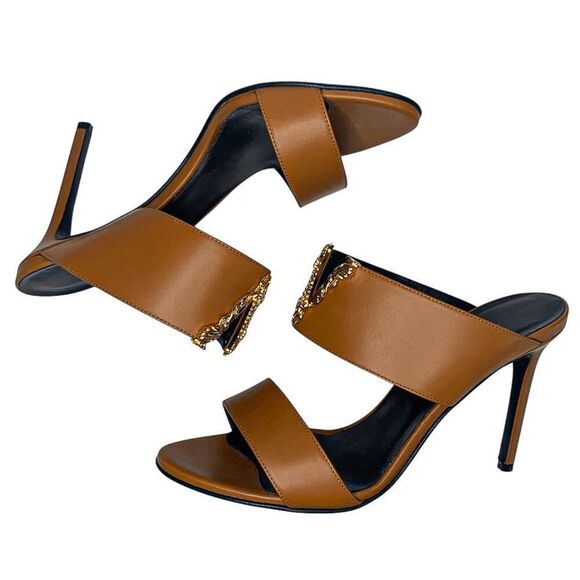 Versace Virtus Brown Leather Mules Heels Gold V Logo EU 39.5 Made in Italy - Picture 6 of 12